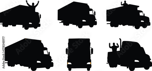 Silhouette trucks with people celebrating, protest demonstration, transportation concept, freedom expression, urban lifestyle, black outline art, dramatic pose, vehicle illustration, activism