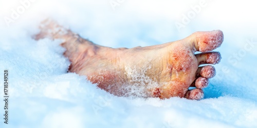 Human foot suffering frostbite injury in deep snow