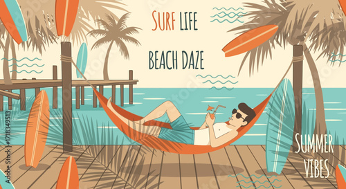 Relaxing beach scene with hammock, surfboards, and tropical ambiance evoking summer vibes