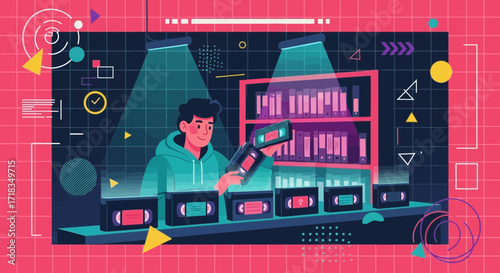 Retro media enthusiast examining vhs tapes in a colorful 80s style studio environment