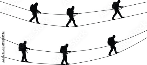 Silhouettes of hikers, walking on rope bridges, wearing backpacks, balancing with ropes, for adventure, trekking, hiking, and outdoor exploration concepts