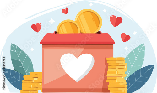 Flat Charity Donation Box with Coins and Hearts