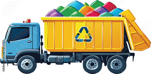 Recycling Truck Unloading Colorful Bins