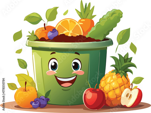 Happy Compost Bin with Decomposing Fruits and Vegetables