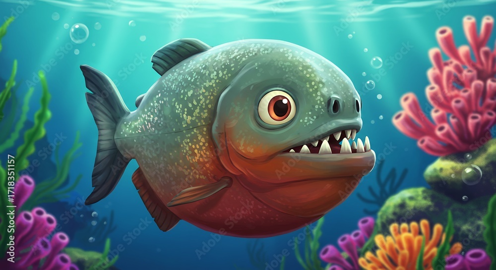Naklejka premium Cartoon piranha underwater