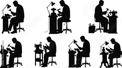 Workstation silhouette illustration, precision labor concept, technical desk activity, repair and craftsmanship vector, black graphic design, focused seated worker pose