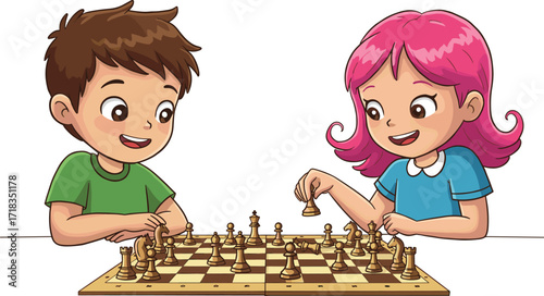 Cartoon kids playing chess game, boy and girl sitting at table, fun indoor activity, children learning strategy, educational board game illustration
