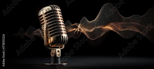 Golden Retro Microphone Broadcasting Audio Waves