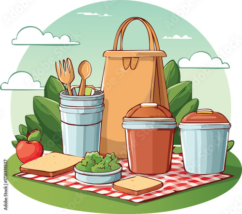 Eco-Friendly Picnic Setup with Reusable Utensils and Containers