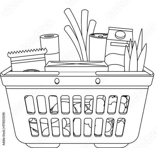 Supermarket food basket black-and-white vector illustration