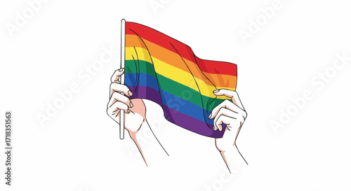 Hands proudly wave a vibrant rainbow flag, celebrating freedom, diversity, and love with a joyful expression of LGBTQ+ pride at a colorful event