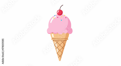 Delightful pink ice cream cone with cherry on top, perfect treat for summer fun, evoking happiness and childlike joy, ideal for dessert promotions