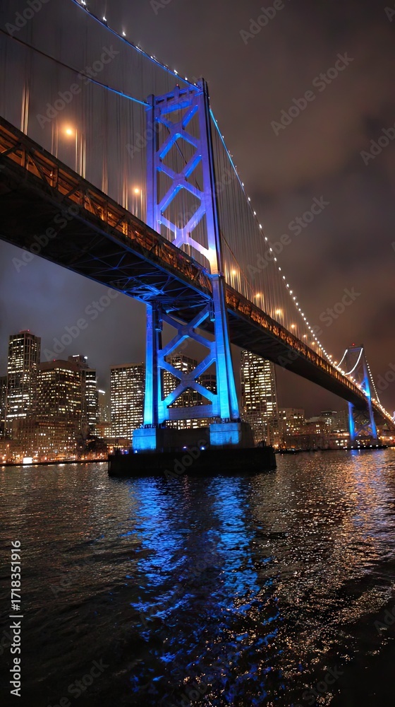Fototapeta premium A captivating nighttime view of a magnificent illuminated bridge spanning a city harbor, showcasing vibrant blue lights reflecting on the dark water.