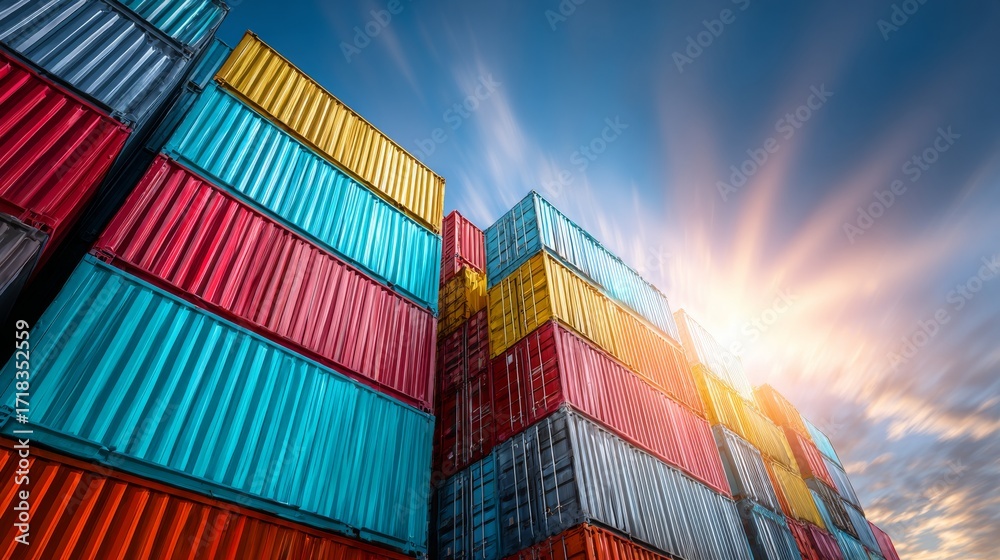 Fototapeta premium Image depicting shipping containers stacked in high detail at a port, illustrating global logistics and trade, and supply chain dynamics