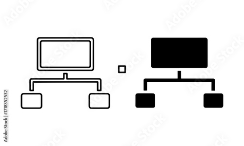 Vector of computer network diagram icon with one main unit and two connected units in outlined and solid black