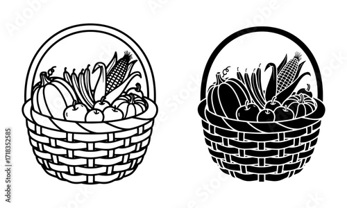 Vector of a basket overflowing with fresh harvest vegetable thanksgiving icon in Outline and Solid Black