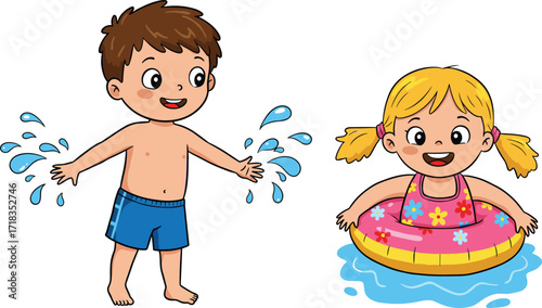 Cartoon kids swimming, water play, summer fun, pool activity, inflatable ring, splashing children, beach vacation, healthy lifestyle, animation, joy