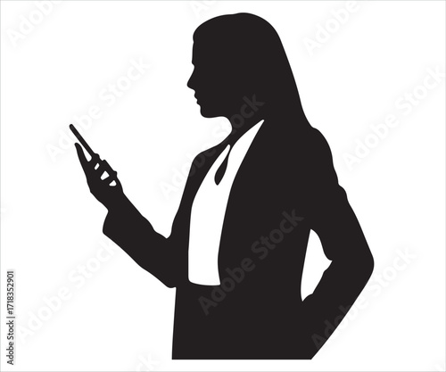Silhouette of confident businesswoman using smartphone in formal attire isolated on white