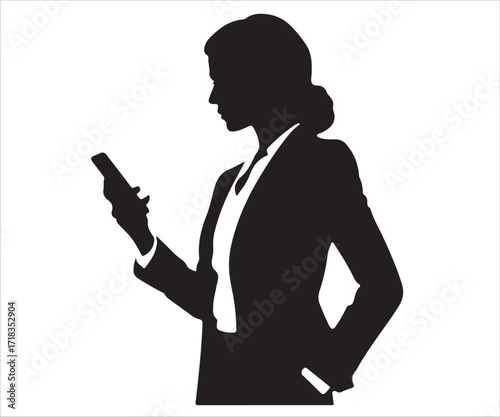 Silhouette of businesswoman in formal suit holding smartphone and standing confidently isolated on white background, professional female executive using mobile device