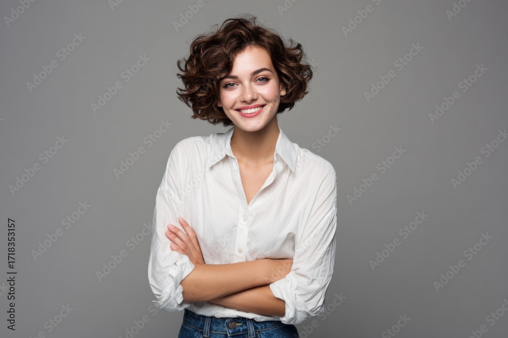 Fototapeta premium Young cheerful woman with curly hair smiling and looking confident in casual white shirt.
