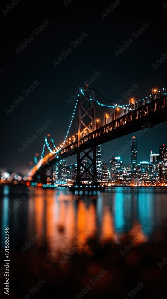 Naklejka premium A magnificent suspension bridge spans the night city, illuminated with vibrant teal and warm amber lights reflecting on the dark water below.