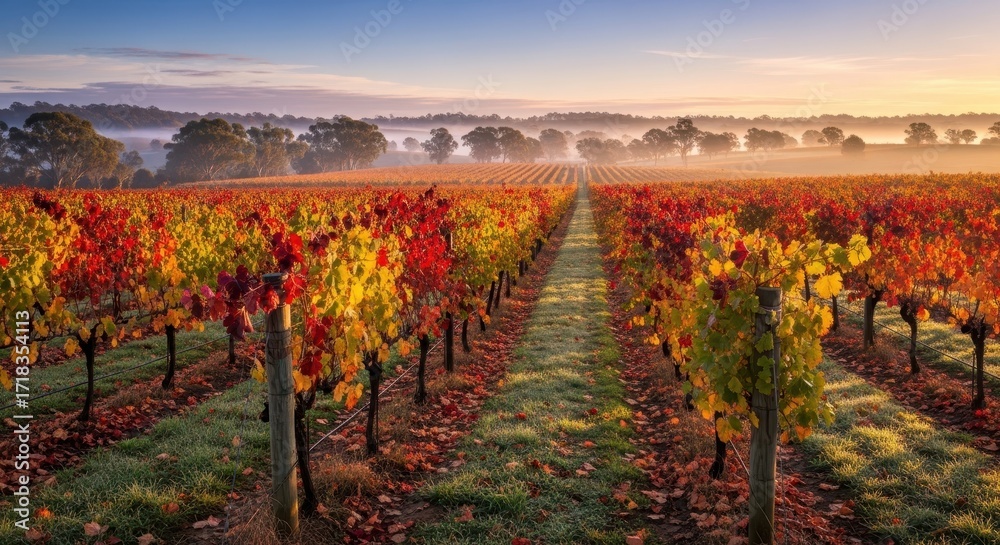 Naklejka premium Autumn Vineyard Rows Bathed in Golden Sunrise Light