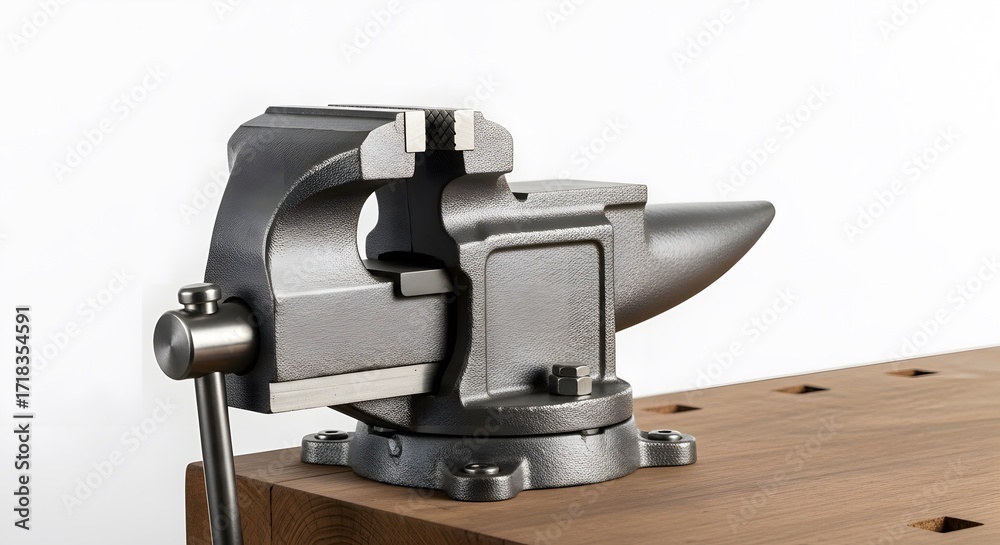 Fototapeta premium Metal Vise on Wooden Workbench: A detailed shot of a robust metal vise, poised on a sturdy wooden workbench, demonstrating the core tools of metalworking and craftsmanship.