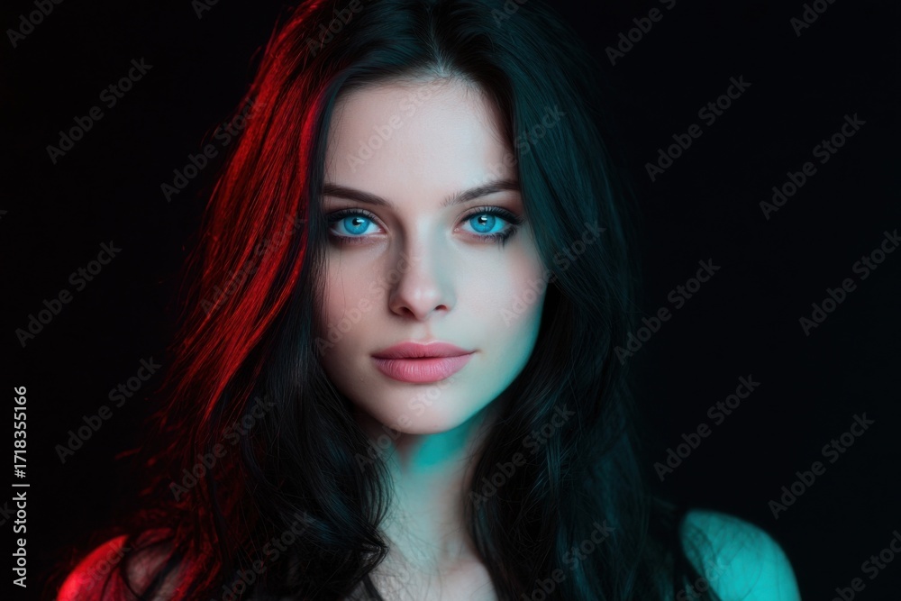Fototapeta premium Stunning young woman with long black hair bright blue eyes and flawless skin portrait.