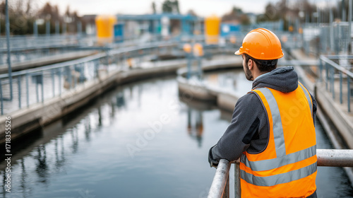 A diligent worker in an orange safety vest and yellow hard hat oversees wastewater treatment basins from a viewing deck, ensuring smooth operation and safety in an industrial water facility.
