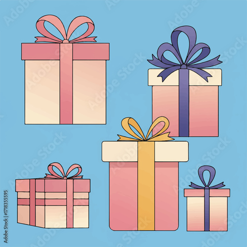 Five gift boxes with ribbons on a blue background