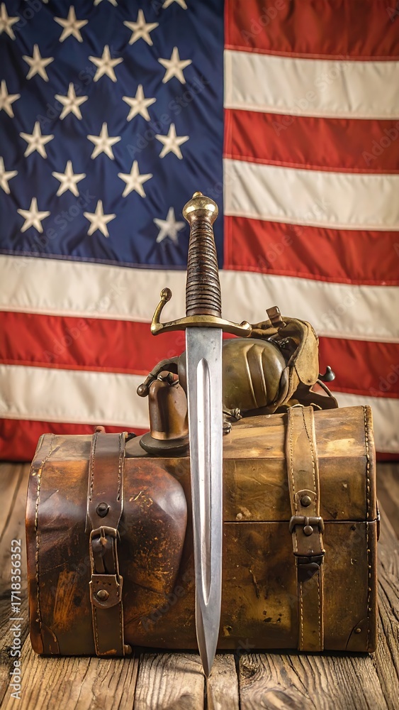 Naklejka premium Vintage knife and antique chest against American flag