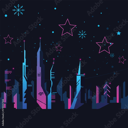 Futuristic city skyline with glowing stars and snowflakes at night