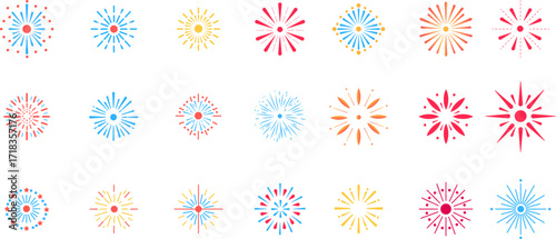 Vector set of fireworks. Multicolored set of fireworks of various shapes. Isolated on transparent background.