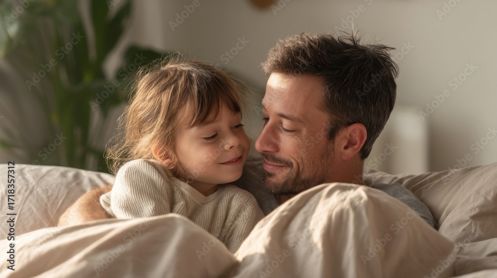 Fototapeta premium Heartwarming indoor scene of a father and daughter cuddling happily on a cozy bed.