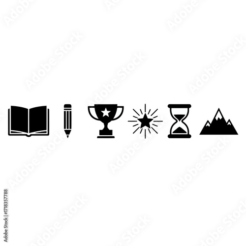 Vector art of book, pencil, trophy, sparkle, hourglass, and mountain icons, representing education, success, and time