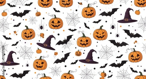 Spooky Halloween seamless pattern featuring pumpkins,bats, spiders, and witch hats for festive backdrops, product designs, and party invitations this season