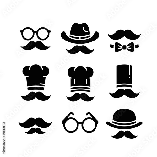 Vector art of collection of mustache and hat combinations, representing various professions and styles in a simple black silhouette