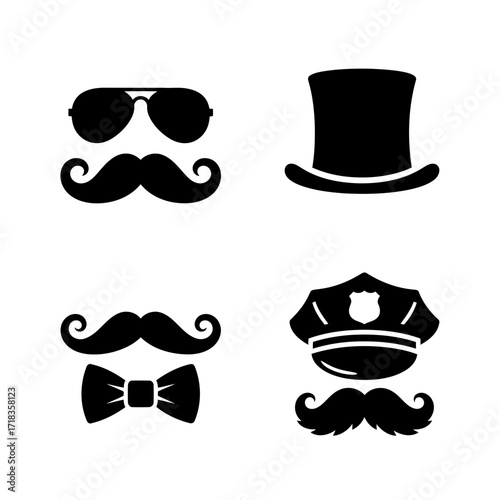 Vector art of collection of stylish gentleman accessories, including sunglasses, top hat, bow tie, and police cap for a dapper look