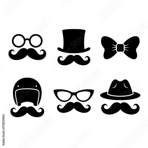 Vector art of collection of gentleman accessories, featuring glasses, top hat, bow tie, helmet, and fedora for a stylish and dapper look