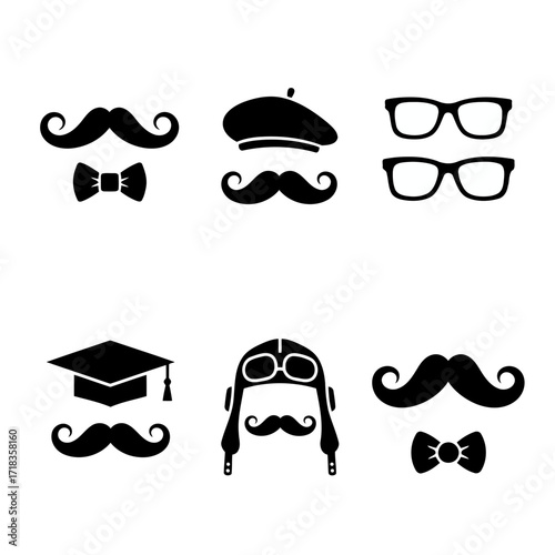 Vector art of collection of mustaches with different accessories, including hats, glasses, and bow ties, creating a whimsical and playful set