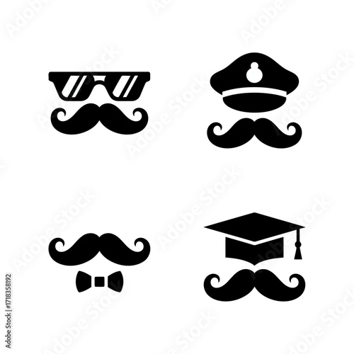 Vector art of collection of mustaches with various accessories, including sunglasses, police hat, graduation cap, and bow tie