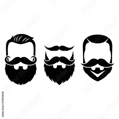 Vector art of collection of three different beard and mustache styles for barbershop logo, hipster fashion, or mens grooming products