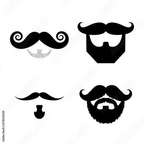 Vector art of collection of four different beard and mustache styles for barbershop logo, hipster fashion, or mens grooming products