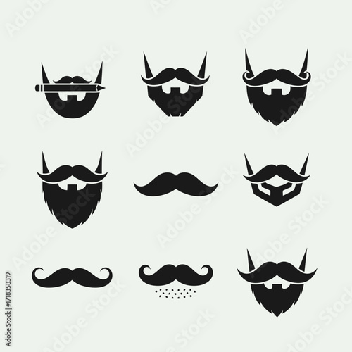 Vector art of collection of various beard and mustache styles for barbershop logo, hipster fashion, or mens grooming products