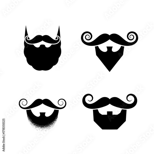 Vector art of four beard and mustache styles, demonstrating various facial hair designs for mens grooming and fashion trends