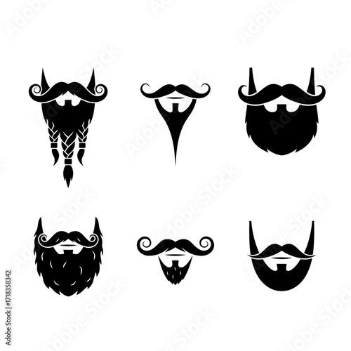 Vector art of collection of various beard and mustache styles, showcasing diverse facial hair designs for mens grooming and fashion trends