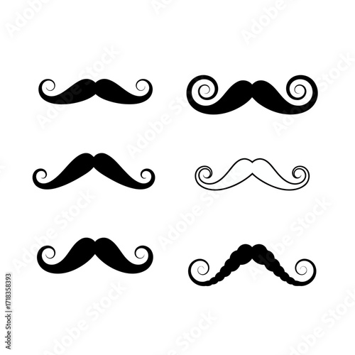 Vector art of collection of six mustache illustrations, showcasing various styles from classic to whimsical, perfect for design projects