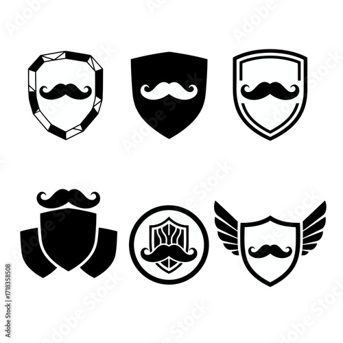 Vector art of set of six black mustache shield icons, representing style, protection, and masculine identity