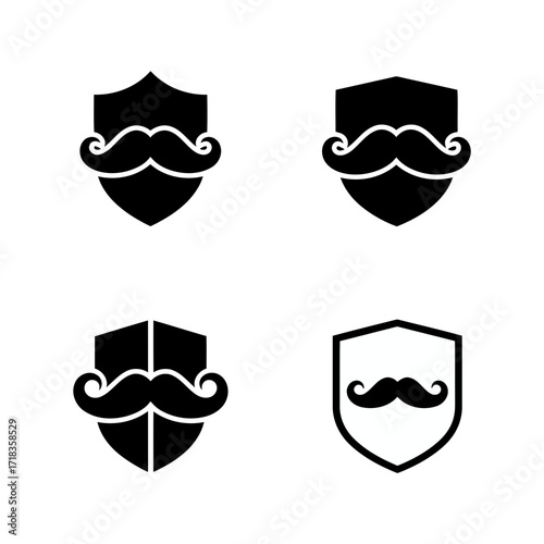 Vector art of collection of four black mustache shield icons, representing style, protection, and masculine identity