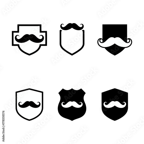 Vector art of collection of mustache shield icons, a symbol of masculinity, vintage style, and protection for barbershop or brand